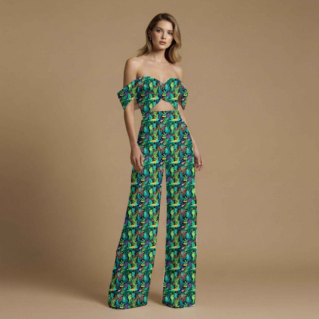 teal tropical print fabric draped — resort shirt styling
