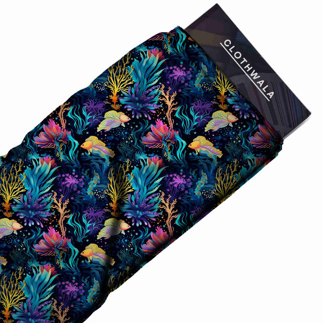 electric cyan tropical print fabric draped — kurta set styling