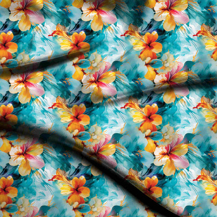 Teal Floral Digital Print Fabric for Dress | Casual Wear - 5450