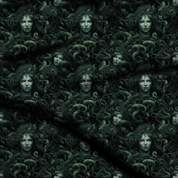 Forest Green Mythological Medusa Portrait Print Fabric