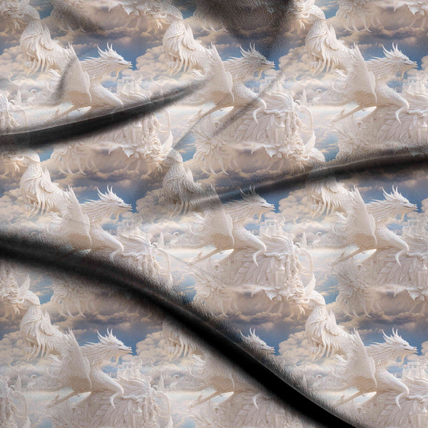 Ivory Cream Surreal White Dragon And Castle Print Fabric