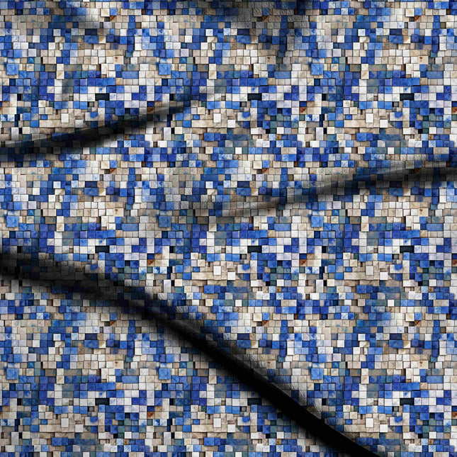cobalt blue geometric digital print fabric texture — medium scale closeup