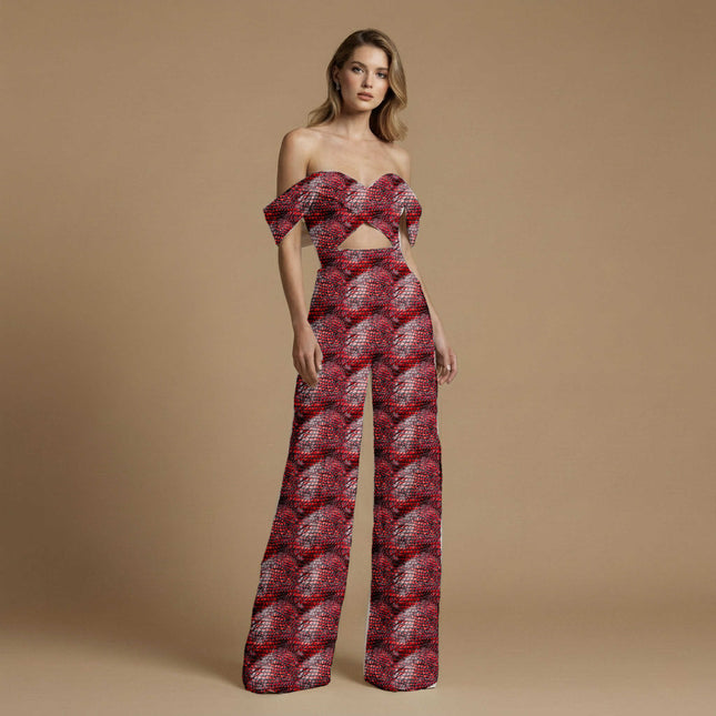 crimson red animal print fabric draped — skirt styling