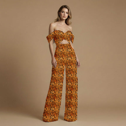 deep orange animal print fabric draped — maxi dress styling
