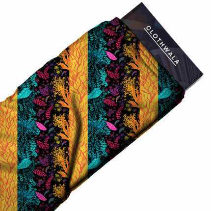 vibrant teal tropical fabric detail — digital print closeup