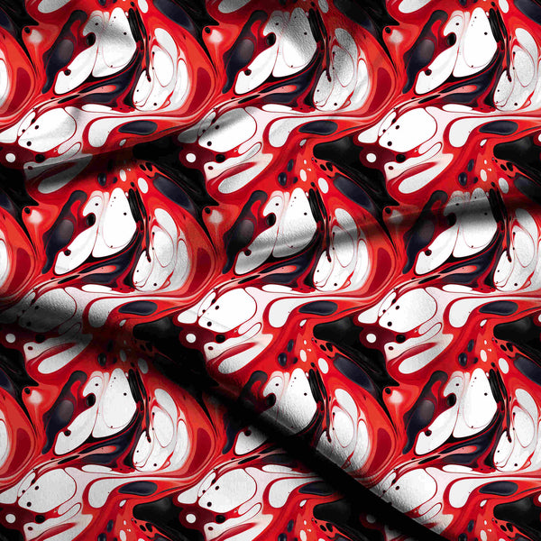 Scarlet Red Dramatic Fluid Marble Art Print Fabric