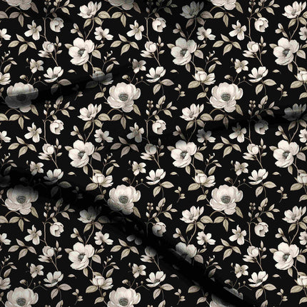 jet black floral digital print fabric texture — medium scale closeup