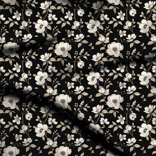 jet black floral digital print fabric texture — medium scale closeup