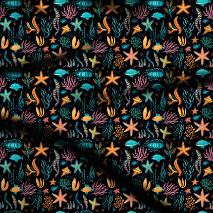 cyan blue tropical digital print fabric texture — medium scale closeup