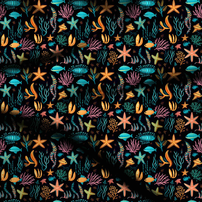 cyan blue tropical digital print fabric texture — medium scale closeup