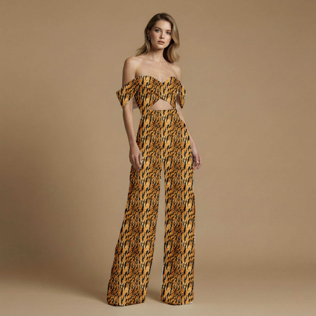 saffron animal print fabric draped — maxi dress styling
