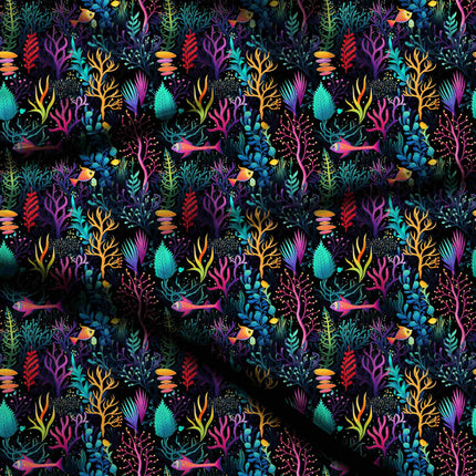 electric cyan tropical digital print fabric texture — medium scale closeup