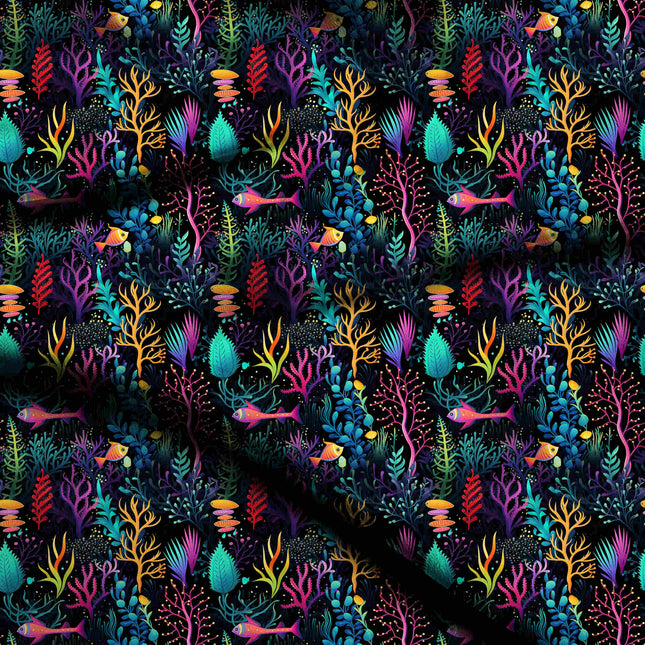 electric cyan tropical digital print fabric texture — medium scale closeup