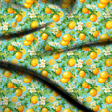 cyan blue floral digital print fabric texture — medium scale closeup