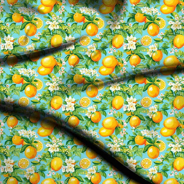 Cyan Blue Vibrant Amalfi Lemon Groves Print Fabric