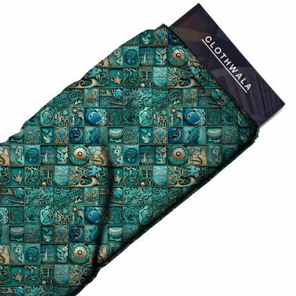 teal ethnic all-over print pattern — large scale repeat layout