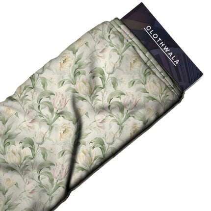 Ivory Cream Floral Digital Print Fabric for Dress | Geometric resort wear - Image 6