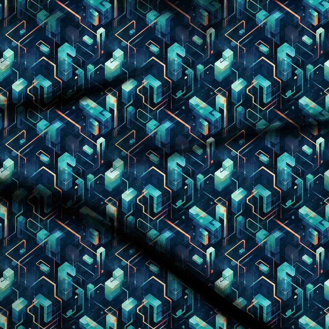 teal geometric digital print fabric texture — large scale closeup