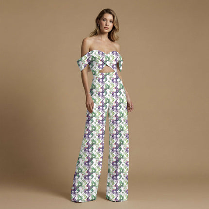 deep violet abstract print fabric draped — co-ord set styling
