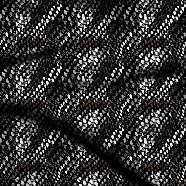 Jet Black Dense Overlapping Liquid Silver Sequ Print Fabric