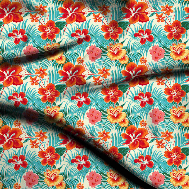 fiery red tropical digital print fabric texture — large scale closeup