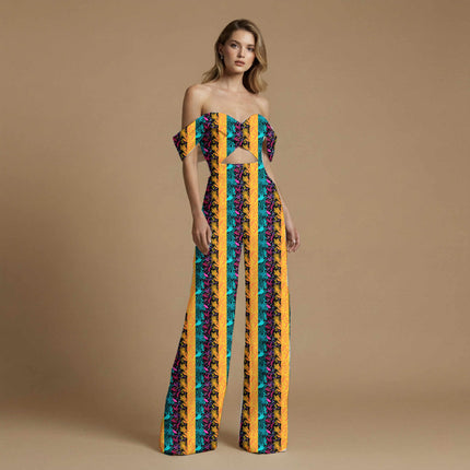 vibrant teal tropical print fabric draped — palazzo suit styling