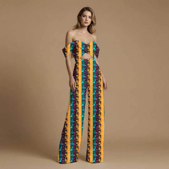 vibrant teal tropical print fabric draped — palazzo suit styling