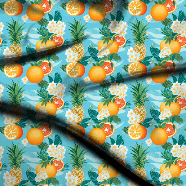 Azure Blue Vibrant Tropical Fruit Medley Print Fabric