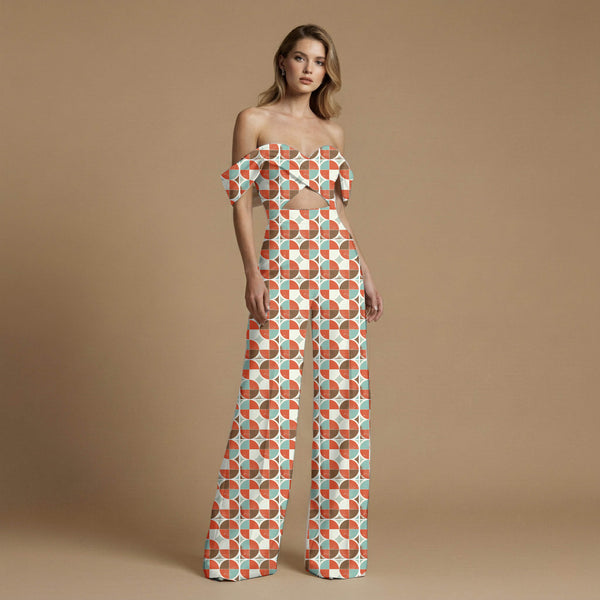 Burnt Sienna Retro geometric circles and squares Co-ord Set Fabric