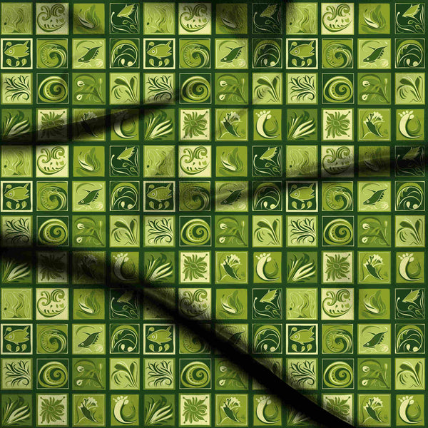 Forest Green Artisanal Grid Of Stylized Ethnic Print Fabric