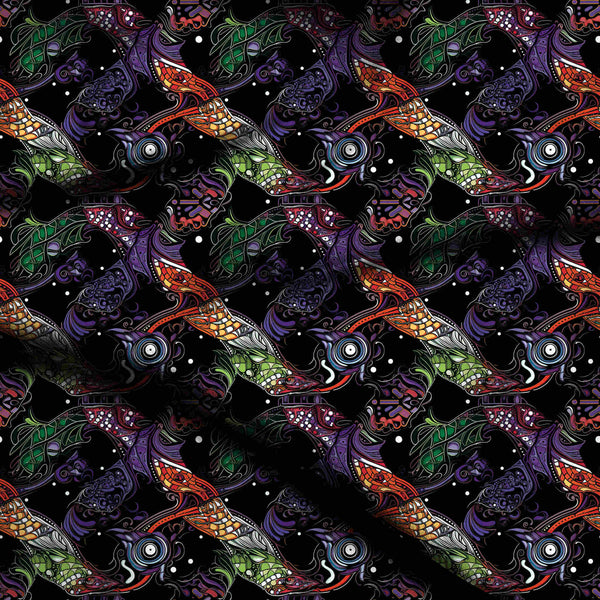Jet Black Interlocking Mythical Creatures Print Fabric