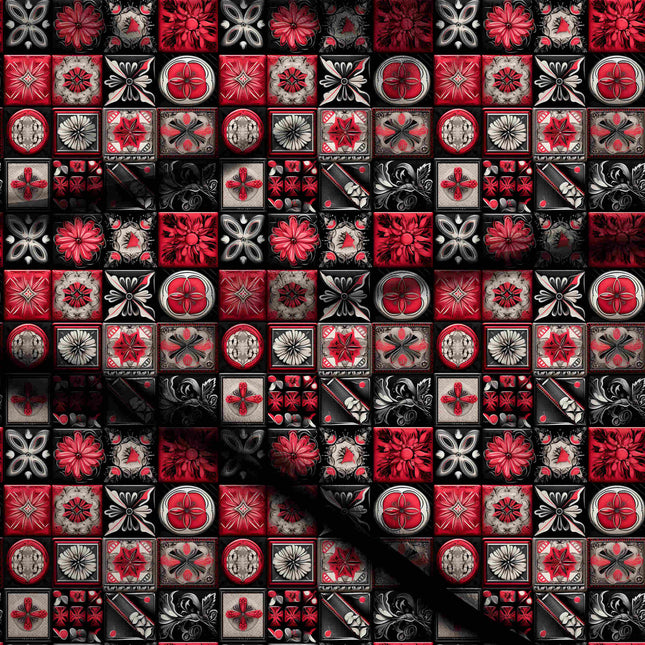 crimson red ethnic digital print fabric texture — medium scale closeup