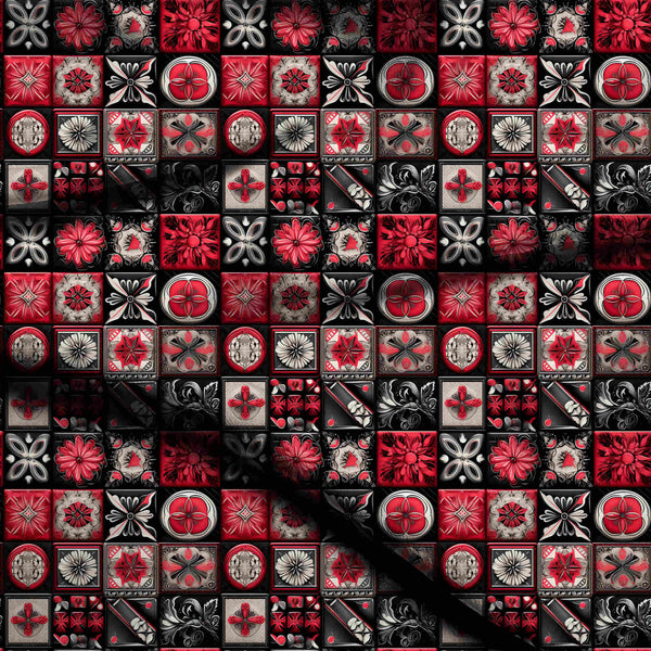 Crimson Red Ornate Patchwork Print Fabric