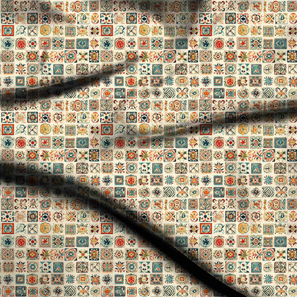 ivory cream ethnic digital print fabric texture — medium scale closeup