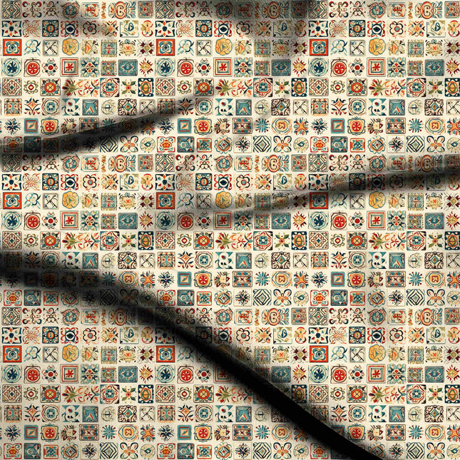 ivory cream ethnic digital print fabric texture — medium scale closeup