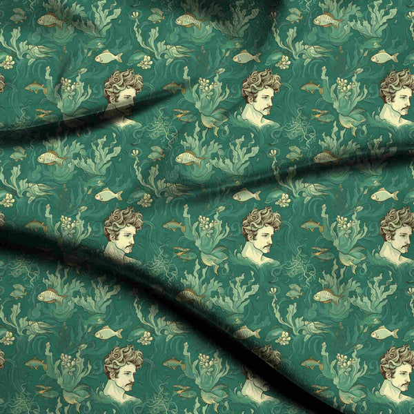 Deep Teal Vintage Illustrative Merman Portrait Amid Print Fabric