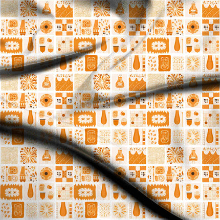 marigold orange ethnic digital print fabric texture — medium scale closeup