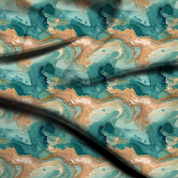 Teal Abstract fluid teal and bronze Designer Kurti Fabric