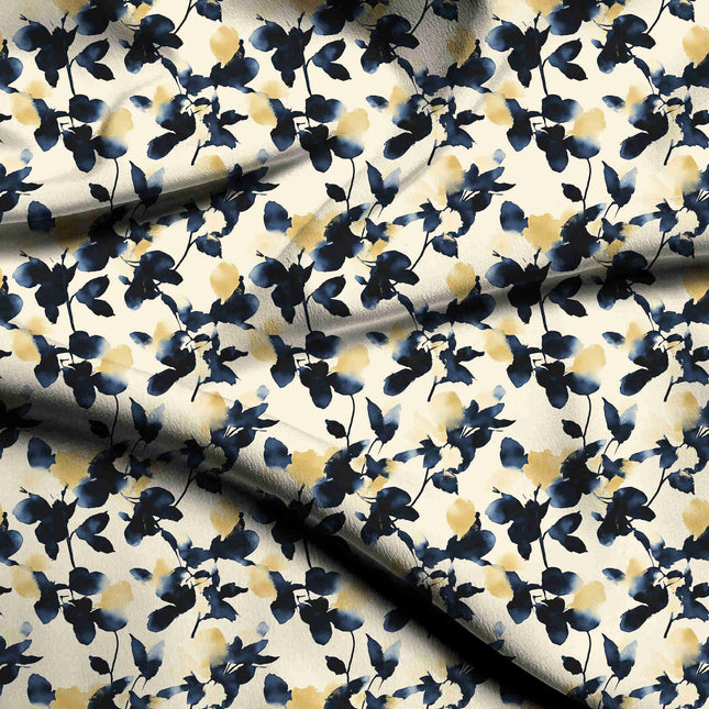 indigo blue floral digital print fabric texture — medium scale closeup