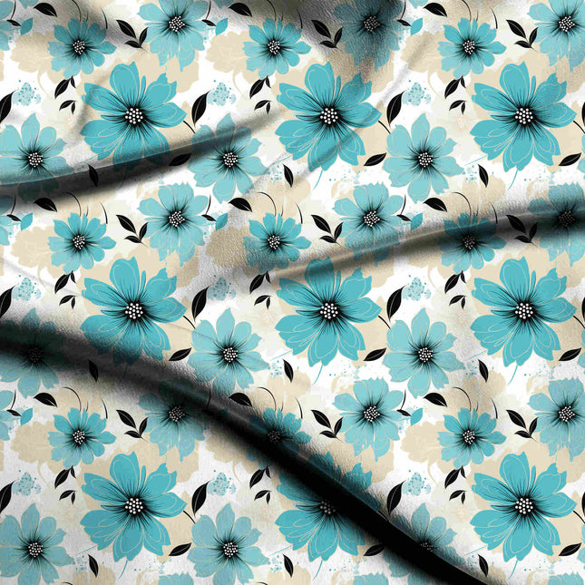 Aqua Blue Floral Digital Print Fabric for Dress | Geometric resort wear - 5495