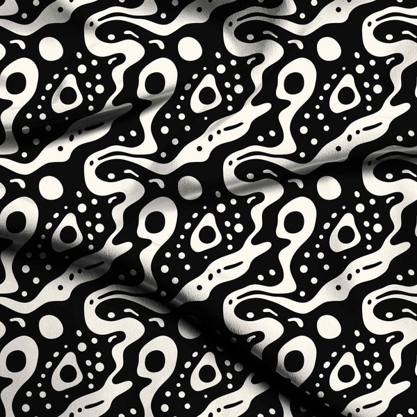 Jet Black Amorphous Fluid Shapes Print Fabric