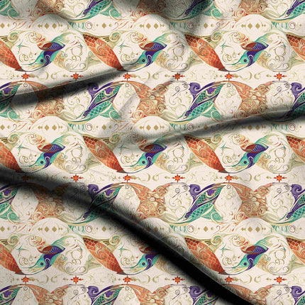 ivory cream ethnic digital print fabric texture — medium scale closeup