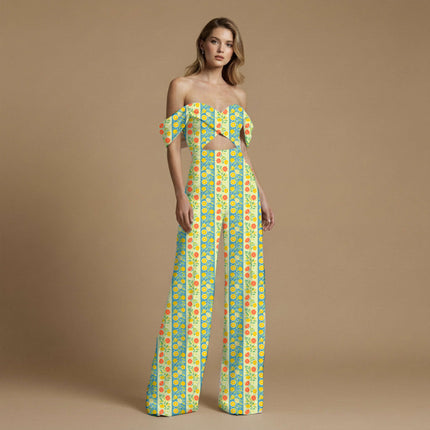 teal tropical print fabric draped — jumpsuit styling