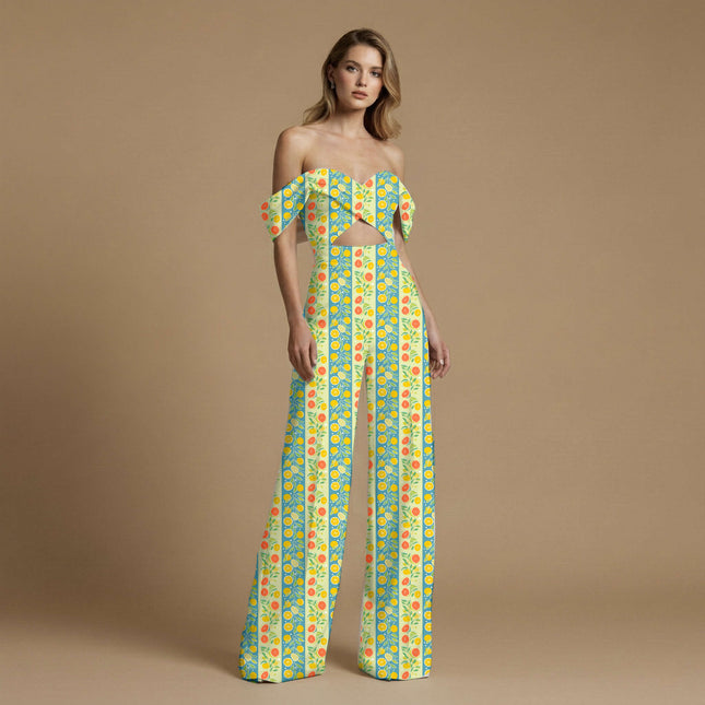 teal tropical print fabric draped — jumpsuit styling
