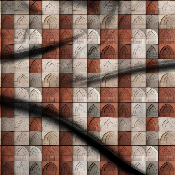 Terracotta Textured Carved Stone Arched Motif Print Fabric