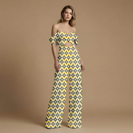 mustard yellow geometric print fabric draped — maxi dress styling