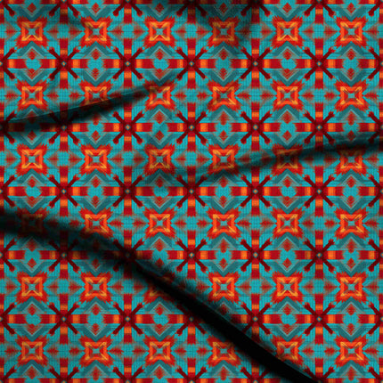 vibrant teal geometric digital print fabric texture — medium scale closeup