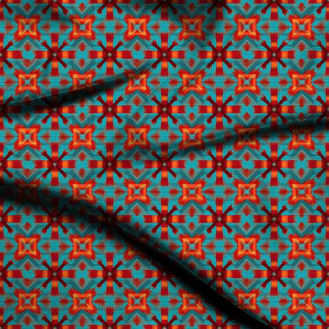 vibrant teal geometric digital print fabric texture — medium scale closeup
