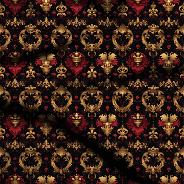Onyx Black Ornate Burnished Gold Baroque Scrolls Print Fabric