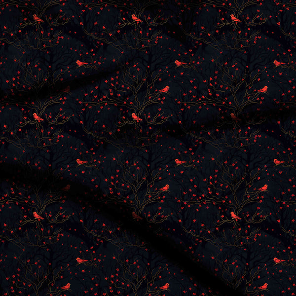 Midnight Black Crimson Birds Perched Print Fabric